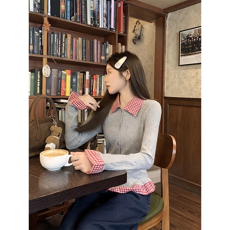 格子polo领长袖t恤女2025春季新款洋气修身高级感假两件撞色上衣