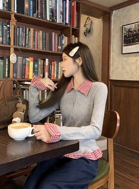 格子polo领长袖t恤女2025春季新款洋气修身高级感假两件撞色上衣