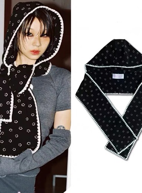 Minjiena围巾小众设计笑脸印花蕾丝百搭连帽围巾秋冬针织围脖ins