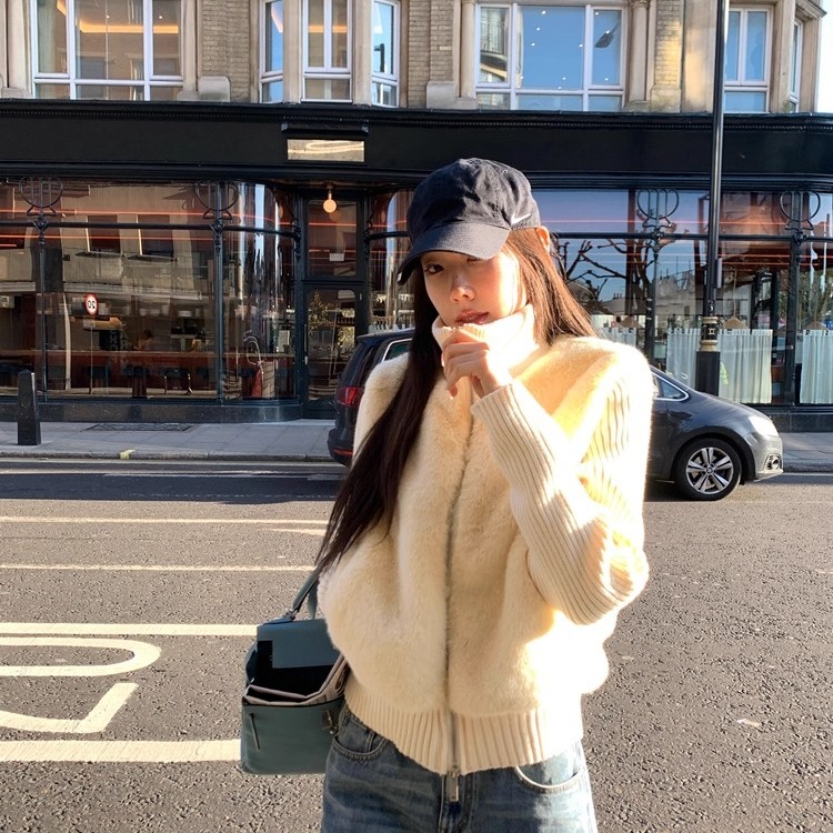 Work32day涩谷来电很爱小众复古针织拼接环葆皮草假两件毛毛外套