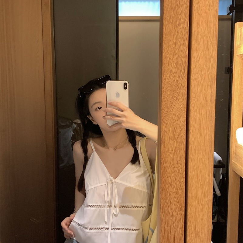 Work 32day 夏季新款气质韩系bm小众V领吊带花边上衣短款