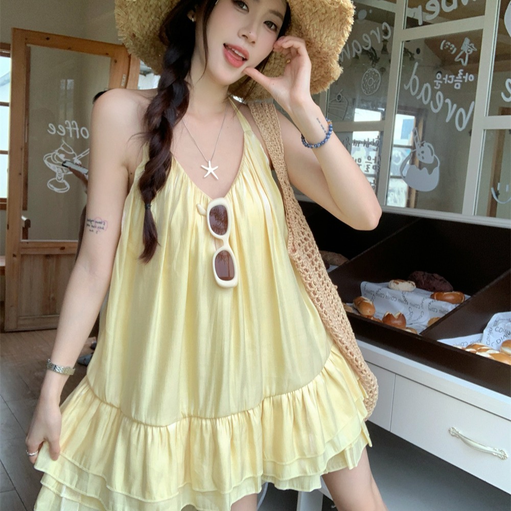 Work 32day 纯欲V领不规则荷叶边挂脖吊带连衣裙甜美蛋糕裙短裙子