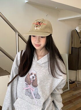 Work 32day美式慵懒可爱小狗蝴蝶结印花宽松加绒银狐绒连帽卫衣