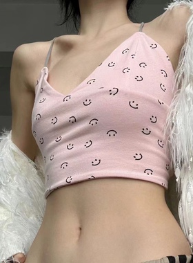 Minjiena韩国小众设计印花笑脸绑带背心短款印花吊带