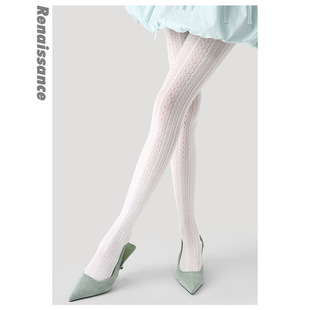 Renaissance春夏女袜蕾丝拼格纹精编网眼连裤 洛丽塔打底袜 袜薄款