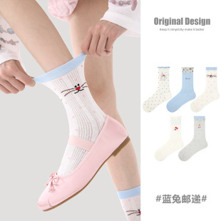 OriginalDesign春夏薄款 女袜花边条纹趣味卡通插画透气网眼卡丝袜