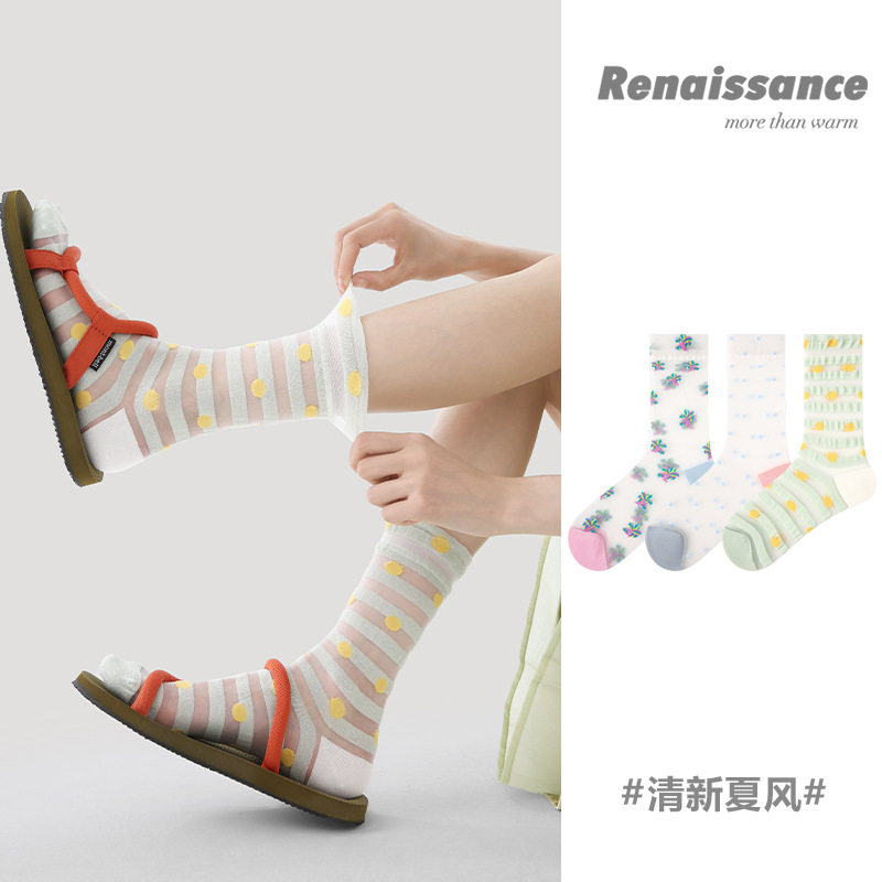 Renaissance透明玻璃丝中筒袜女夏季薄款吸汗透气彩色条纹卡丝袜