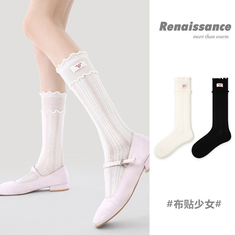 Renaissance袜子女春夏新款黑白花边公主袜贴布字母显瘦小腿袜