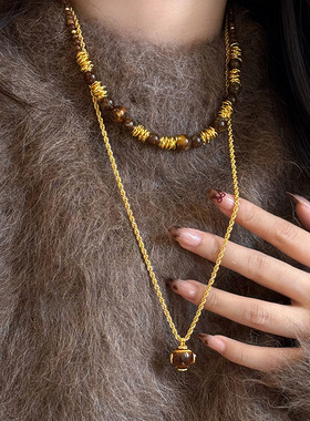 天然虎眼石美拉德风长款毛衣链项链女秋冬轻奢高级感双层叠戴颈链
