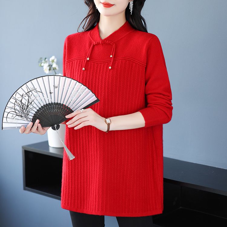 梵猫2025新款针织衫女中老年妈妈装大牌盘扣旗袍领复古中国风