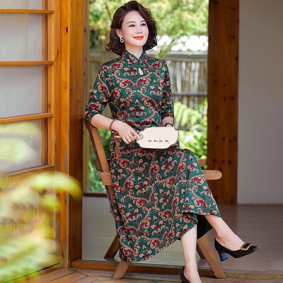 妈妈装长袖连衣裙秋季新s款气质复古改良旗袍裙中长款印花遮肚长