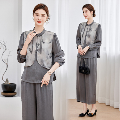 梵猫2024新款妈妈夏装中式衫中年女装上衣服中老年阔太太雪纺套装