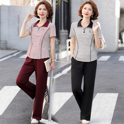 妈妈夏装套装2025新款条纹短袖运动T恤洋气中老年女士夏季两件套