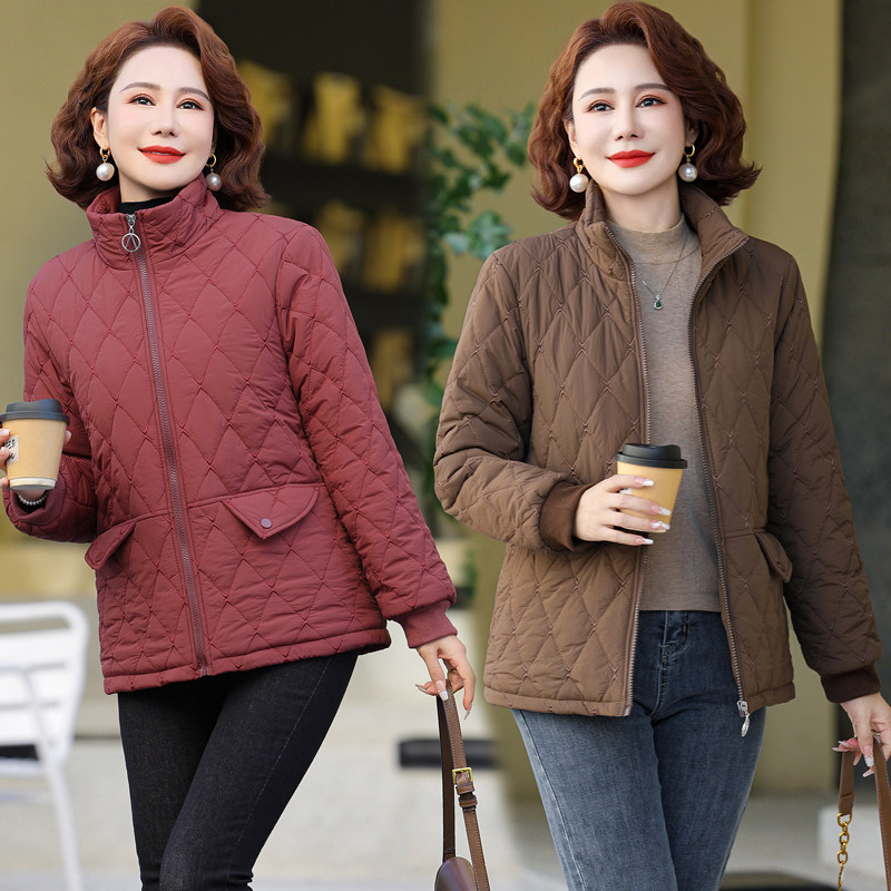 妈妈棉服冬装夹棉加厚保暖外套纯色拉链立领中老年女装日韩系棉袄
