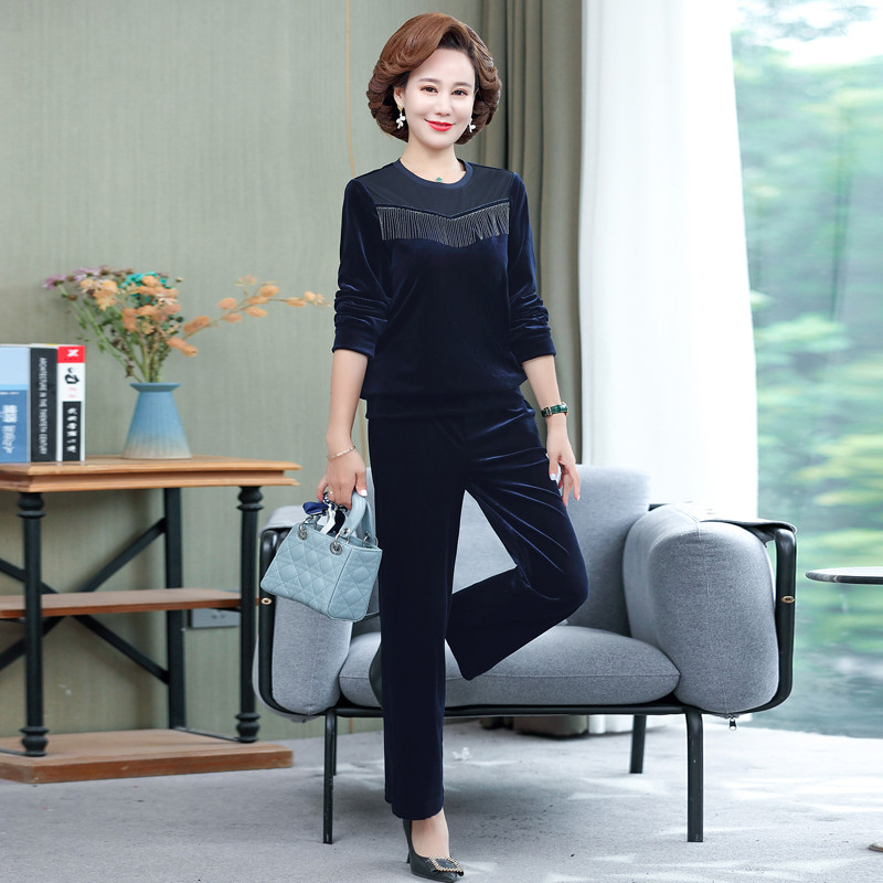 2021秋季金丝绒圆领卫衣妈妈装两件套时尚休闲运动套装女士中老年