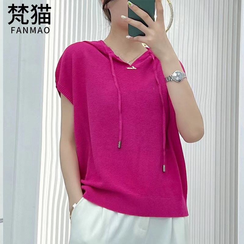 梵猫短袖女装2023休闲新款上衣t恤连帽卫衣带帽冰丝针织衫夏装t桖