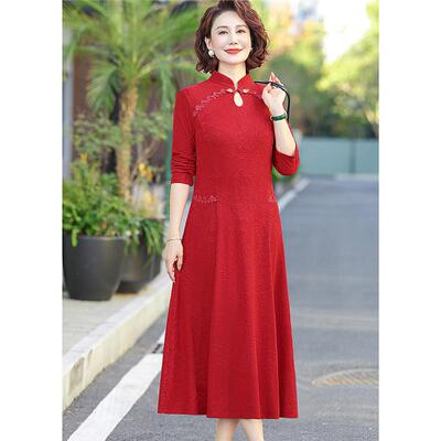 婚礼服妈妈春装长款旗袍连衣裙喜婆婆婚宴装洋气大码春秋打底衫女