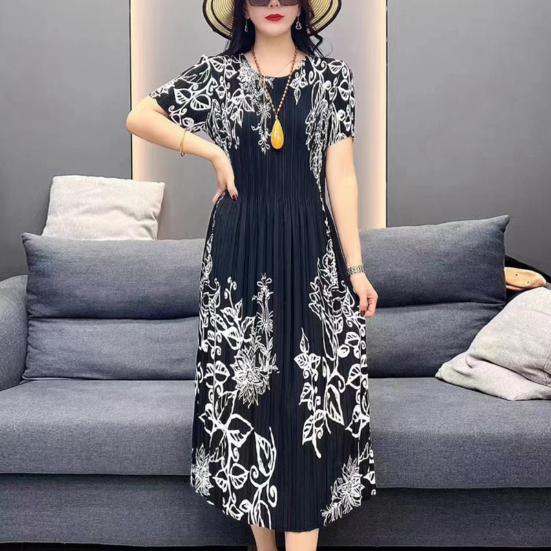 真丝缎面弹力褶皱连衣裙女长裙印花裙2023夏季新款修身显瘦妈妈群