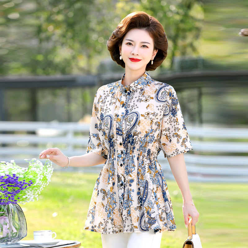妈妈夏装气质衬衫洋气中老年女装大码雪纺衬衣短袖上衣服时尚减龄