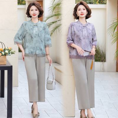 新中式上衣小衫妈妈装夏装新款50岁中老年人女夏季七分袖小衫套装