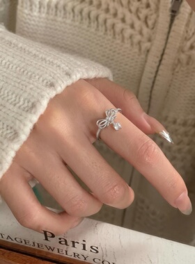 银蝶坠星 韩系ins风蝴蝶结戒指女S925纯银2026新款简约可调节指环