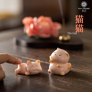 夫己纯手工陶瓷摆饰人间烟火茶宠系列之猫猫可爱茶几摆件茶桌茶宠
