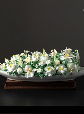 夫己纯手工陶瓷《花满春江》船型系列之蝴蝶兰卧室客厅玄关摆件