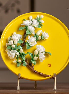 夫己纯手工陶瓷花花世界之圆盘茉莉花白色客厅餐厅玄关茶几摆件