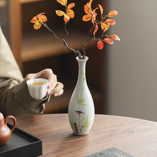 中式陶瓷手绘竹叶小鸟观音瓶书桌插花客厅桌面小花瓶家居饰品摆件