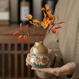 陶瓷手绘小花瓶水培景德镇花器柴烧小水缸复古老陶泥陶罐家居摆件