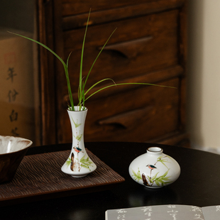 景德镇手绘竹叶翠鸟创意高级感花瓶插花花器摆件干花客厅中式 简约