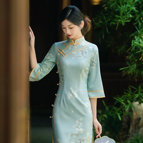 蓝绿色国风新中式中长款长袖旗袍改良年轻款女高级感复古修身春秋