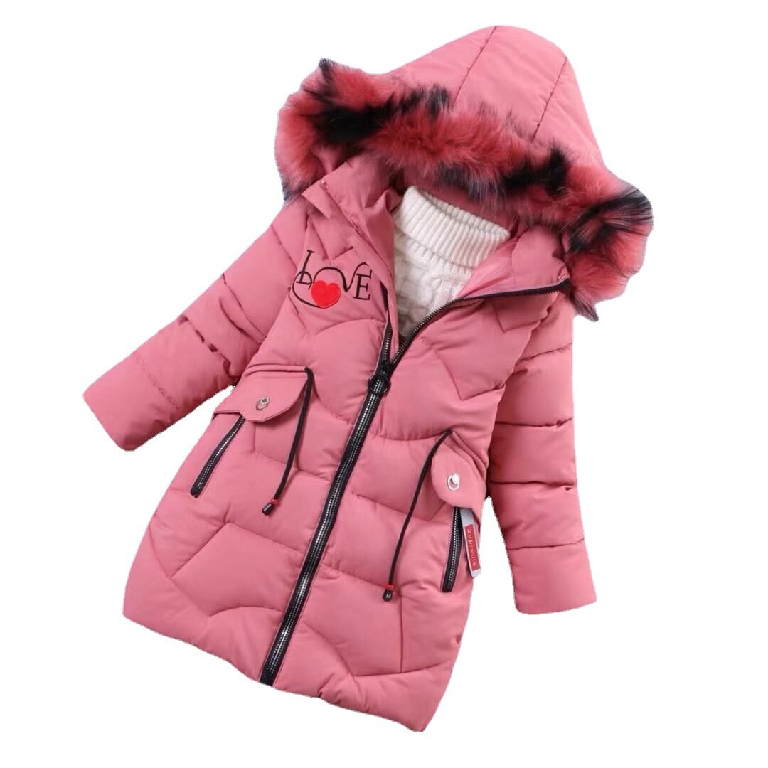 冬季新款女童棉衣韩版中大童儿童中长款加厚字母彩毛领保暖棉服