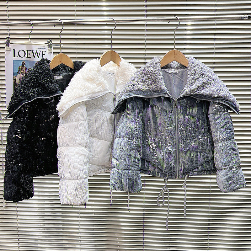女童网红同款棉服2025冬季新款手抓绒海军领满身亮片丝绒短款棉衣