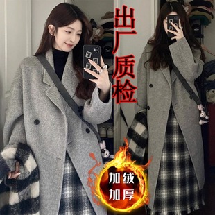 加绒加厚高质量灰色毛呢外套女秋冬新款韩系小个子中长款呢子大衣