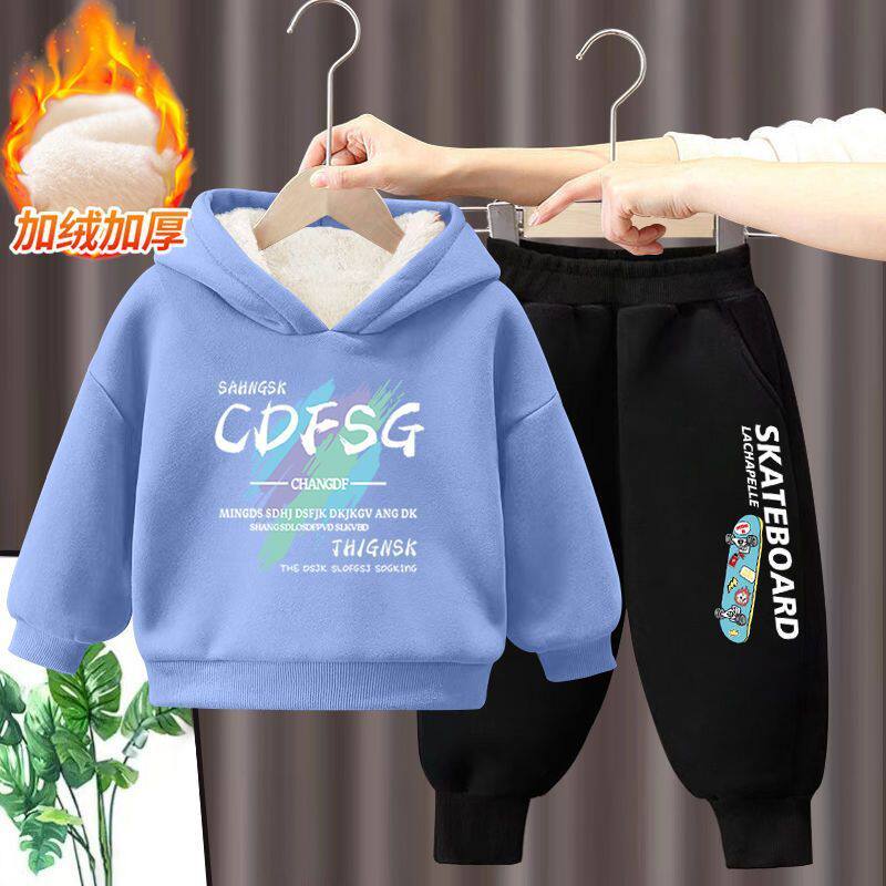 2025秋冬季新款男童加绒卫衣儿童洋气连帽休闲长袖中大童卡通上衣