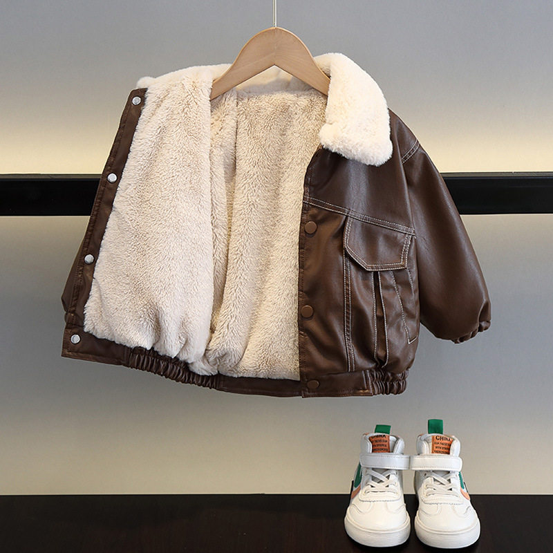 童装男童加绒皮衣外套2025新款宝宝冬装上衣服儿童加厚保暖皮夹克