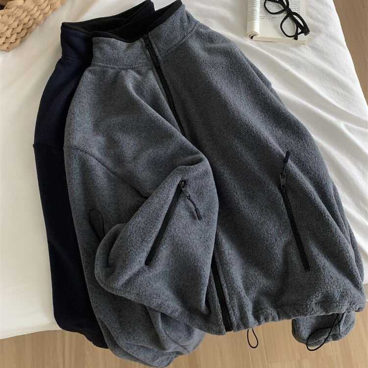 BF宽松大版摇粒绒卫衣外套女简约韩版休闲立领拉链衫秋冬加厚上衣