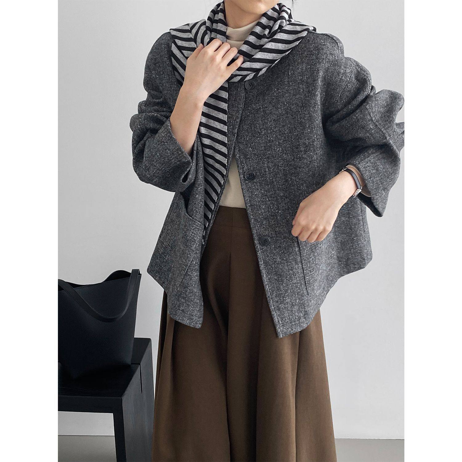 韩系小香风复古灰色30羊毛外套女通勤气质毛呢上衣含披肩,女装/女士精品,短外套,淘宝优惠券,粉丝福利购,淘宝优惠卷