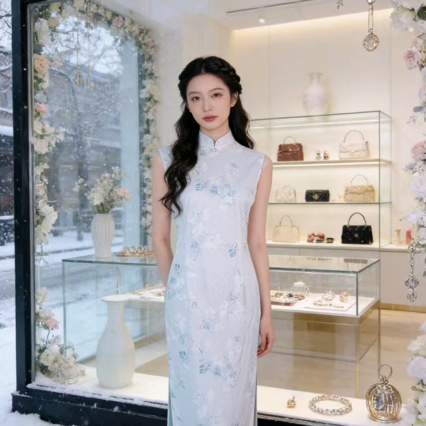 兰竹坊 改良旗袍女白色无袖长裙旗袍