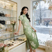 显瘦绿色印花旗袍女长款 兰竹坊清仓 修身 短袖 线香旗袍新款