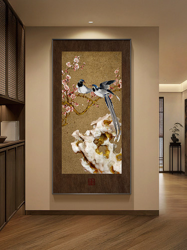 喜上枝头玄关装饰画宋代美学梅花鸟走廊挂画太湖石入户正对门壁画