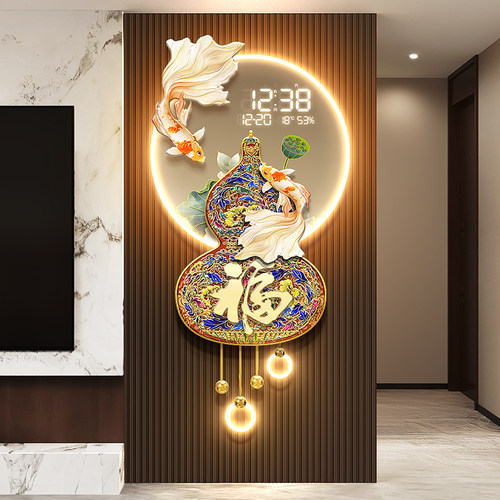 珐琅彩葫芦客厅数码万年历2025新款锦鲤福字玄关电子屏钟表壁挂式
