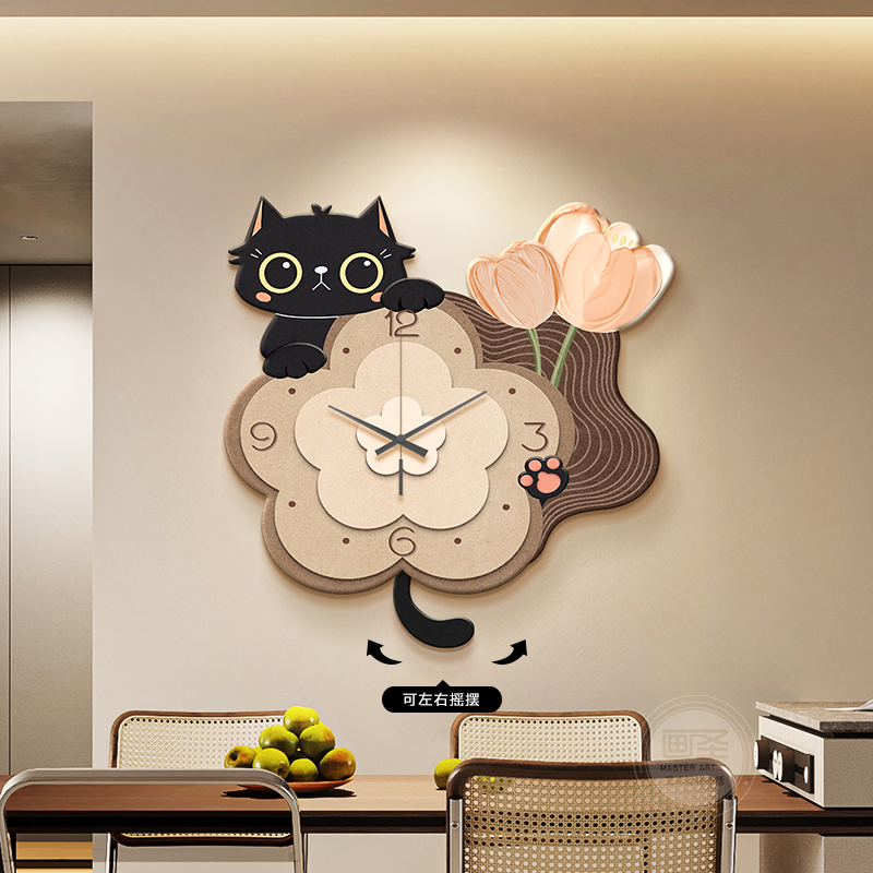 现代简约餐厅装饰画猫咪带钟表时钟摇摆挂钟大气网红家用挂件墙饰图片