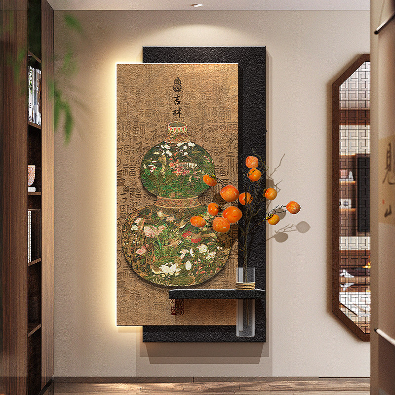 宋代美学葫芦玄关装饰画百福图走廊水培绿植挂画砂岩入户带灯壁画