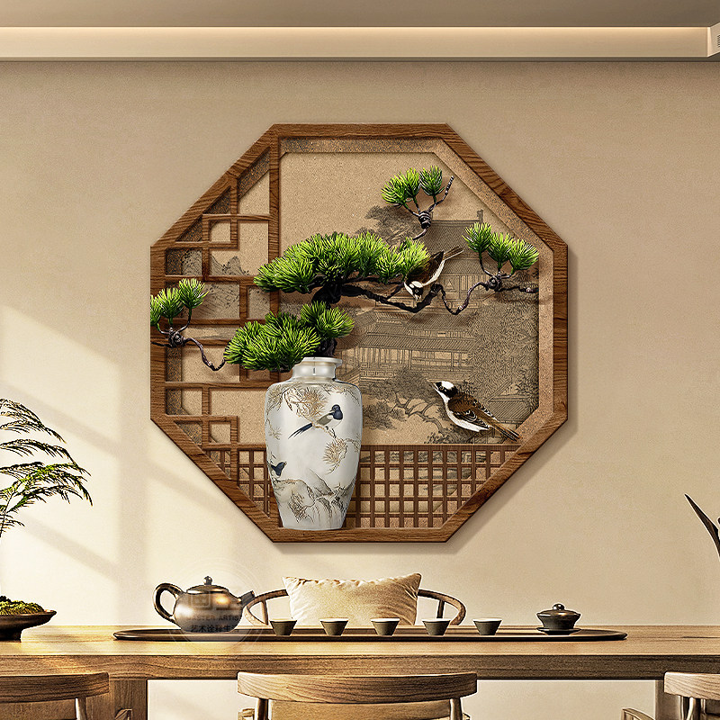 宋代美学迎客松茶室装饰画 画新中式花鸟玄关壁画 画灯八边形假窗
