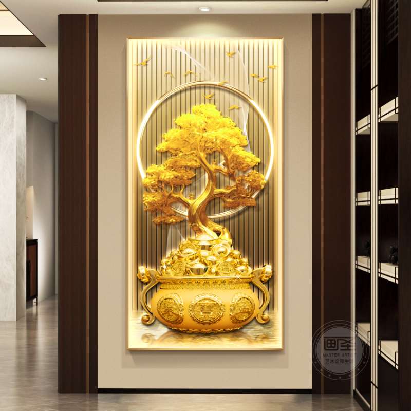 现代轻奢聚宝盆玄关装饰画 画入户正对墙挂画 画招财树寓意好新中