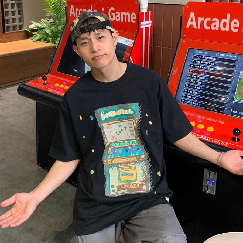 CZECOA小众潮牌美式夏季纯棉宽松游戏机印花短袖T恤男女情侣上衣