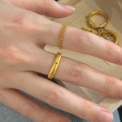 真金电镀拉丝六芒星戒指中古老钱风绿钻八芒星叠戴指环