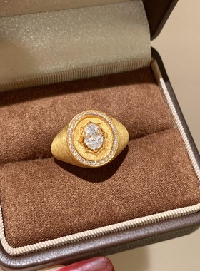 真金电镀保色金色拉丝八芒星盾牌戒指奢华宫廷风高级指环